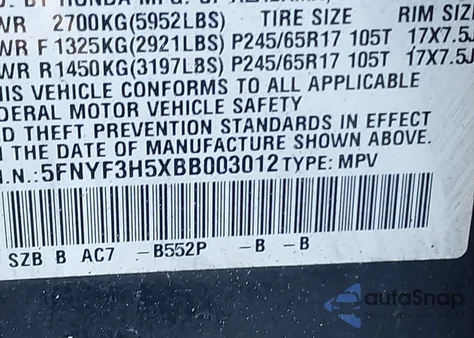 2011 Honda Pilot Ex-L z USA, uszkodzony, nr VIN 5FNYF3H5XBB003012